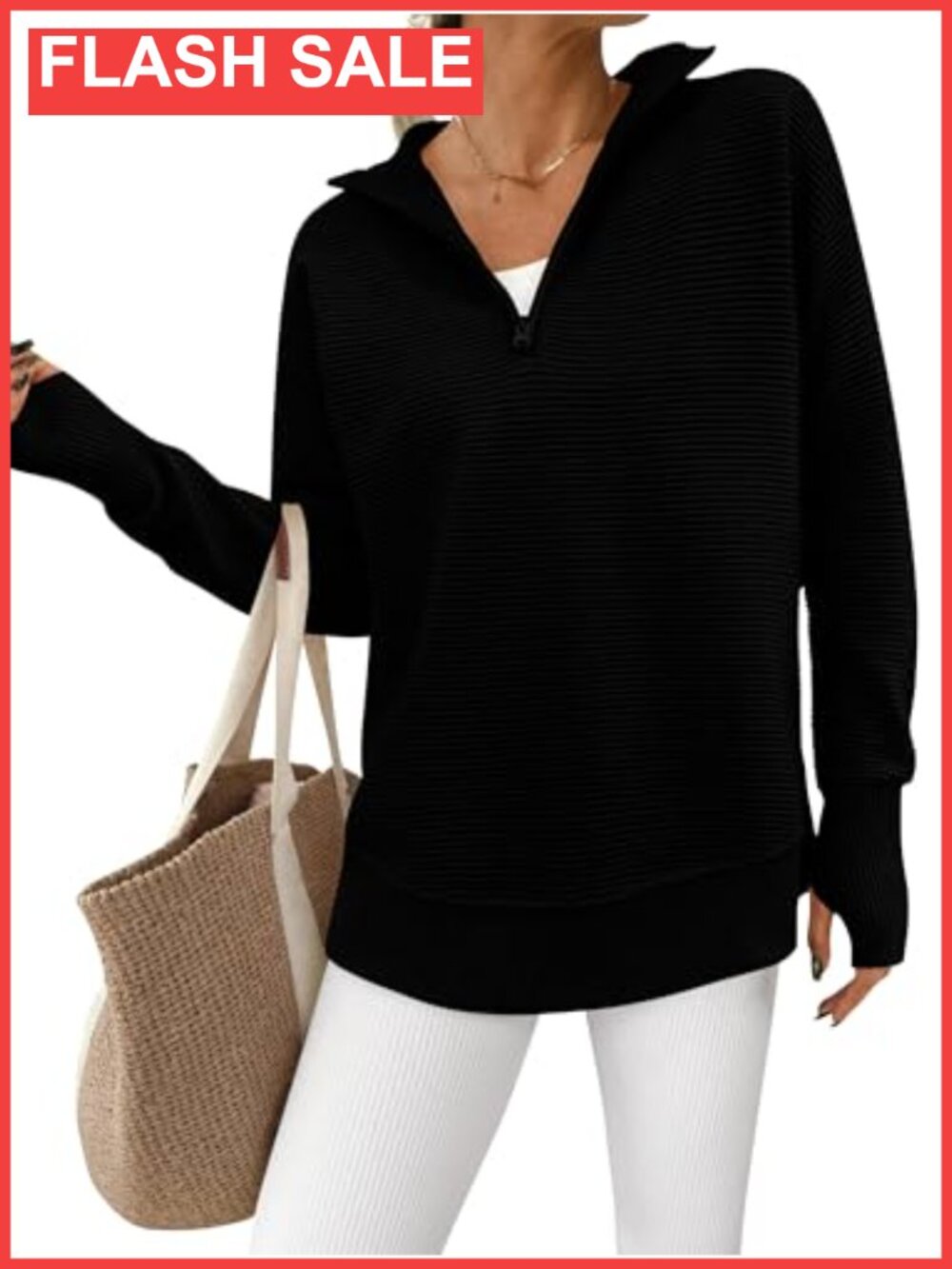 Womens Ribbed Knit Quarter Zip Pullover Sweater Long Sleeve Loose Fit